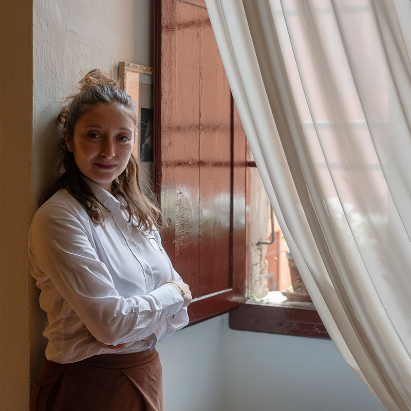 Portrait of Matilde Orsi in the spaces of Torre Prendiparte in Bologna
